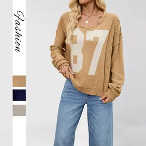 2026 Fall European Style Oversized Color Block Knit Sweater for Women Loose Fit Warm Casual Winter Workwear with Number Print Letter Pocket Christmas Holiday Gift Unisex Fashion Graphic Design