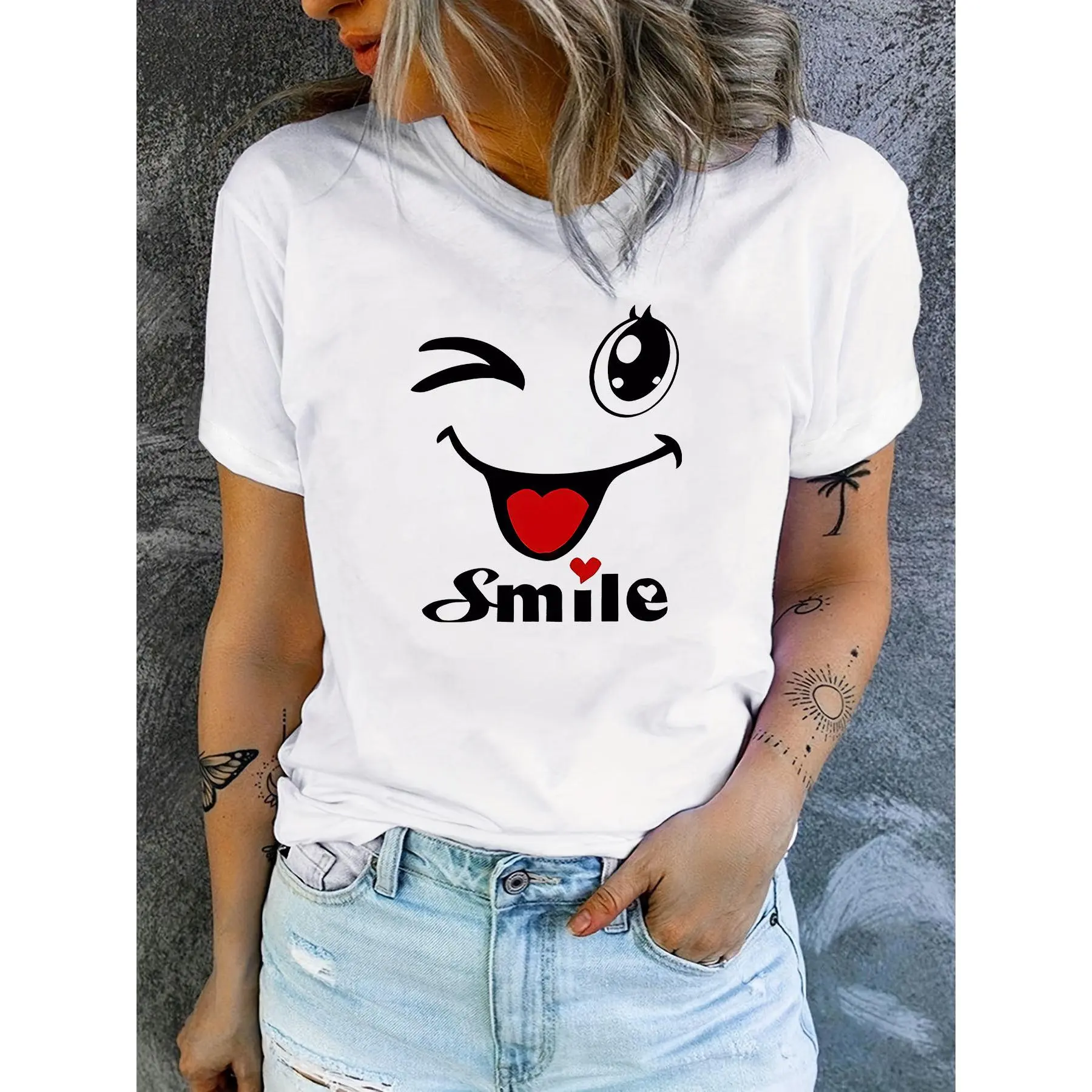 Lady's Micro-Elastic Y2K Round Neck Short Sleeve T-Shirt - Playful Cartoon Print, Tongue & Heart Eyes Graphic, Machine Washable Streetwear Casual Top, Shortsleeve, Women