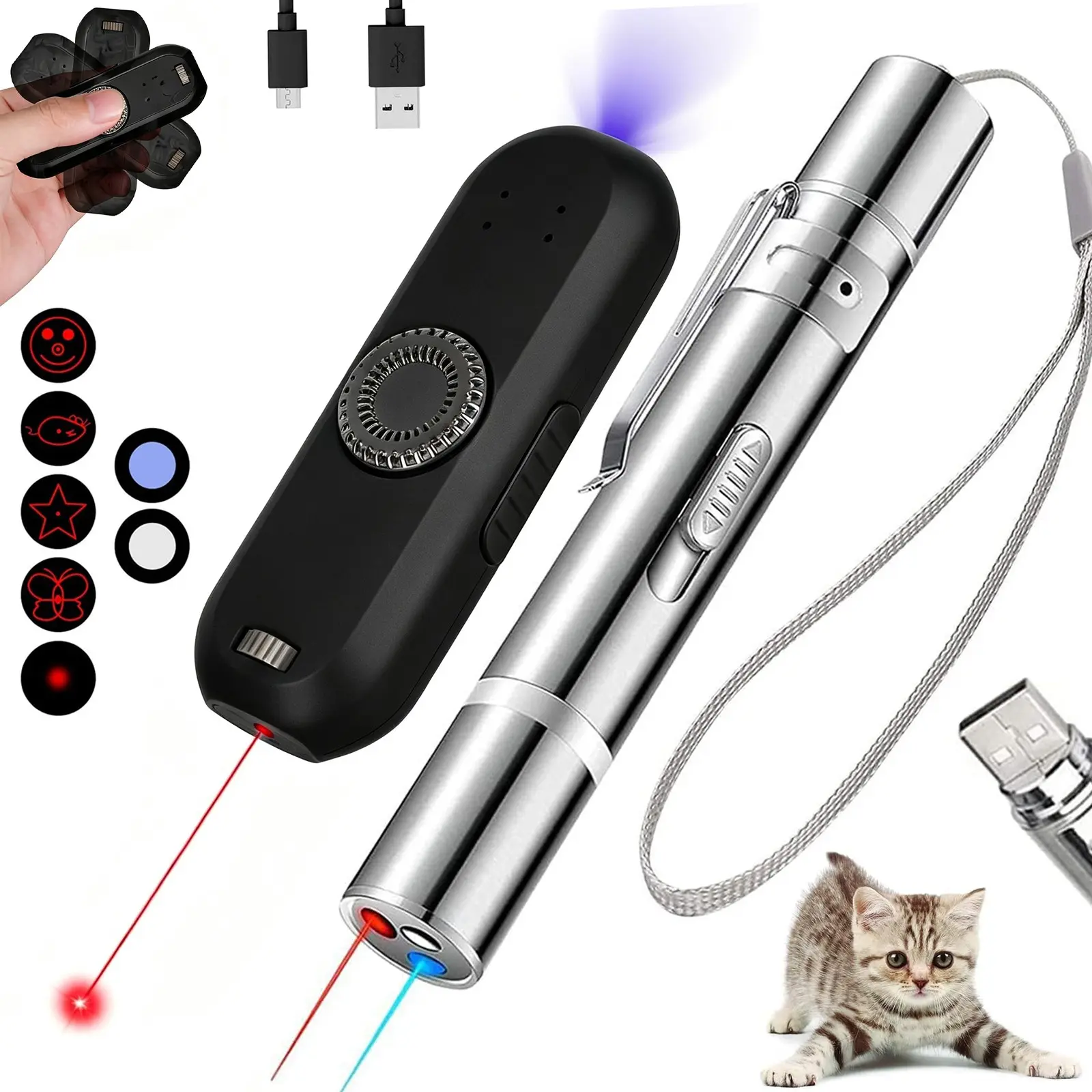 Rechargeable Pet Laser Toy Set, USB Rechargeable Silver Color, 5 Modes, UV Light for Urine Detection, Light for Night Illumination, Rechargeable Laser Pointer