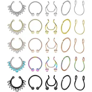 25 count Stainless Steel  Nose Ring Hoop for Men Women Faux Lip Ear Septum Ring Non-Pierced
