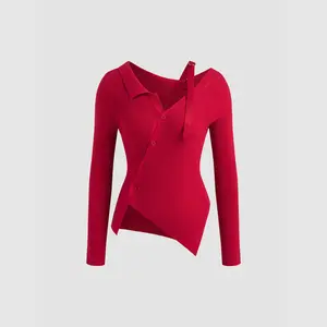 Cider [size 2-10] Asymmetrical Neck Button Knitted Long Sleeve Top