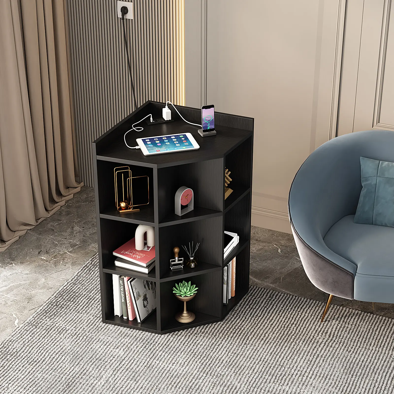 ALISENED Corner Cabinet Storage with USB Ports and Outlets, Corner Cube Storage, Cubby Bookshelf with 9 Cubes for Playroom, Bedroom, Living Organizer Nightstand