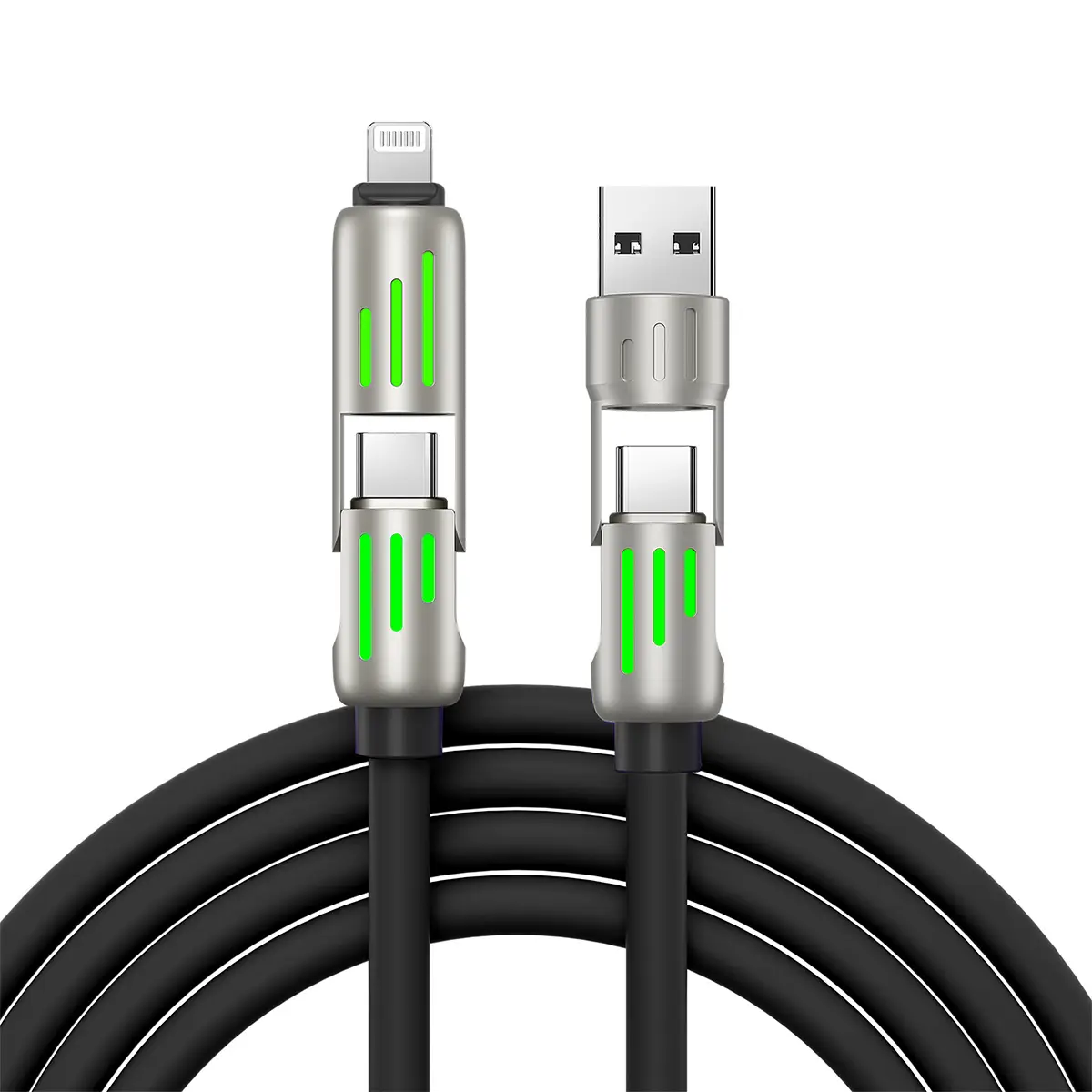 Wanyted 4-in-1 USB Charging Cable (+ Free Storage Bag) Fast Charging MAX 240W USB A+ TYPE C+ Lightning Multi-function Aluminum Alloy