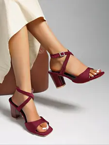 Women's Classic Suede High Heel Sandals, Square Toe Ankle Strap, Sequins Buckle Detail, Elegant Party Evening Shoes
