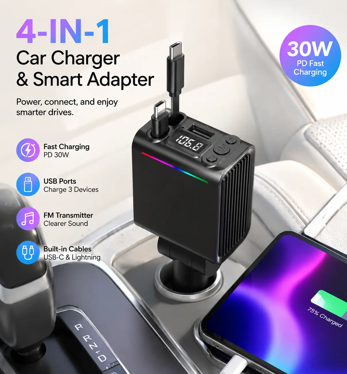 Dual Retractable Cable Car Charger with Bluetooth 5.3 FM Transmitter, Fast Charging Car Adapter with Hands-Free Calling, Bass Music Player, USB Drive Support, Car Accessories for Daily Driving & Road Trips