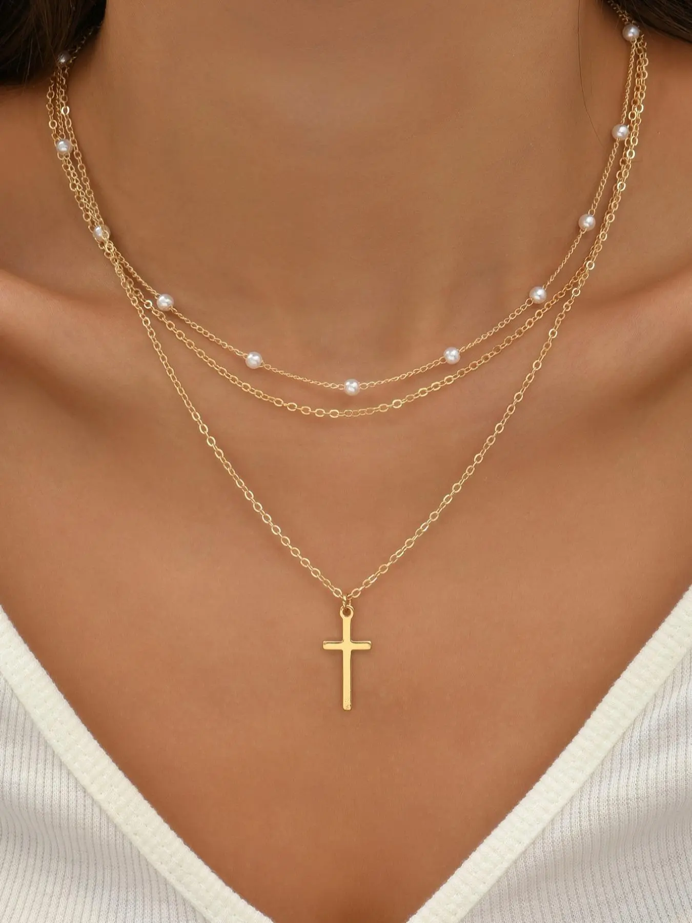 2pcs/set Women's Elegant Cross Pendant Necklace, Stainless Steel Chain Necklace, Faux Pearls Decor Layered Necklace, Fashion Accessories for Party, Daily Clothing Decor for Girl, Dainty Layering Jewelry, Cross Necklaces, Trendy Jewelry