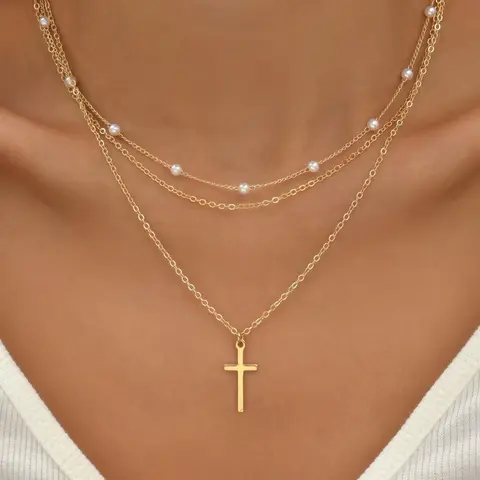 2pcs/set Women's Cross Pendant Necklace, Stainless Steel Chain Necklace, Faux Pearls Decor Layered Necklace, Accessories for Party, Daily Clothing Decor for Girl, Dainty Layering Jewelry, Necklace Gift, Layering Necklaces