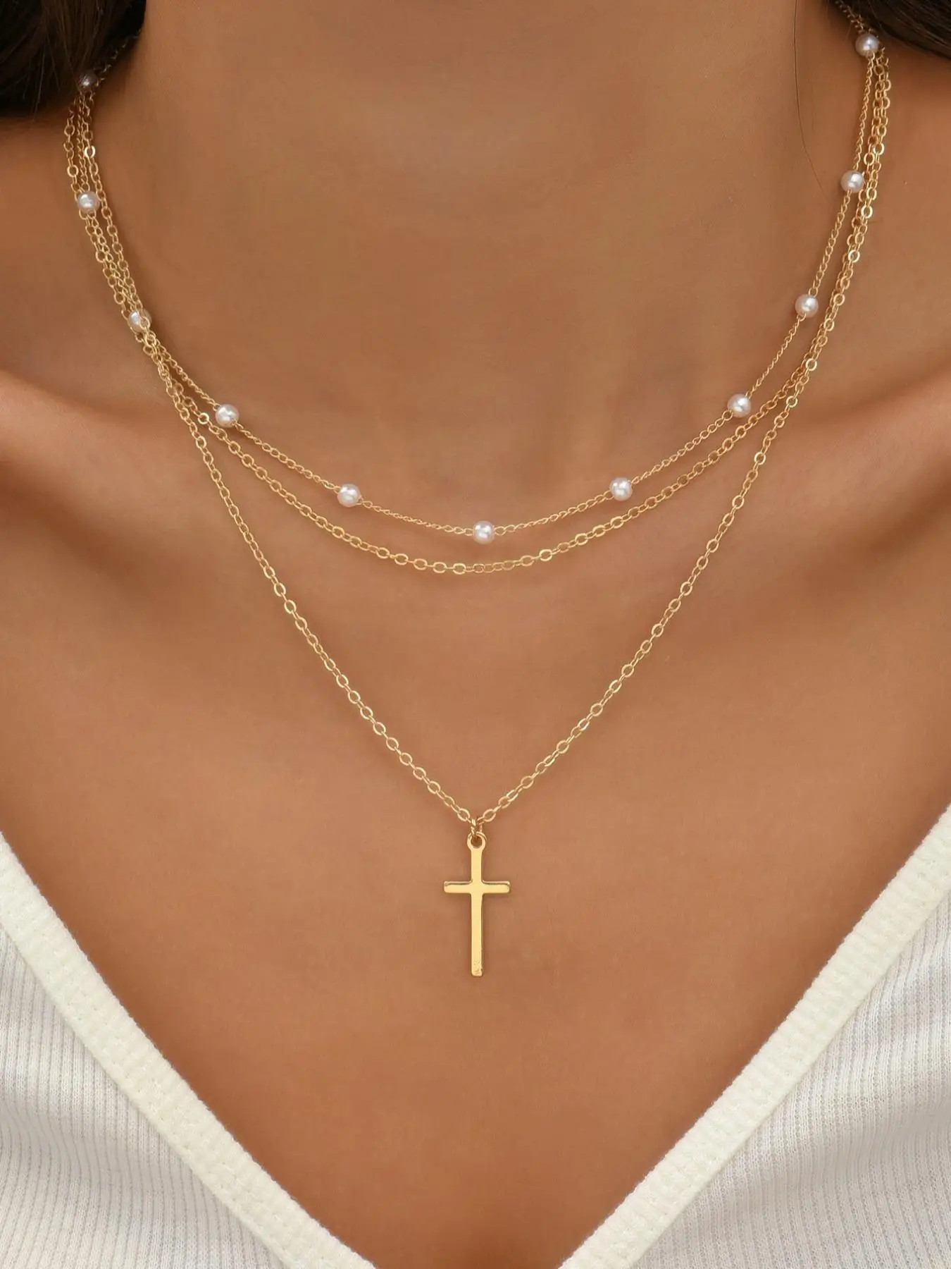 2pcs/set Women's Elegant Cross Pendant Necklace, Stainless Steel Chain Necklace, Faux Pearls Decor Layered Necklace, Fashion Accessories for Party, Da