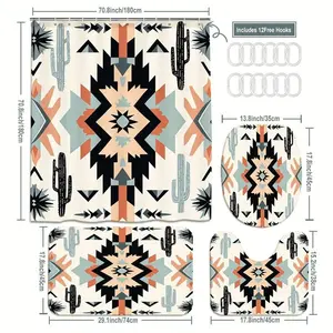 4pcs Southwestern Bohemian Shower Curtain and Bath Mat Set - Cream Base with Aztec Geometric Design, Sage Green Cacti, Burnt Terracotta Accents, Perfect for Festive Bathroom Decor and Seasonal Celebrations