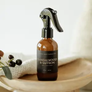 Sandalwood & Saffron Room Spray - Luxury Linen Spray - Palo Santo Cedarwood Home Fragrance - 4 oz Glass Bottle