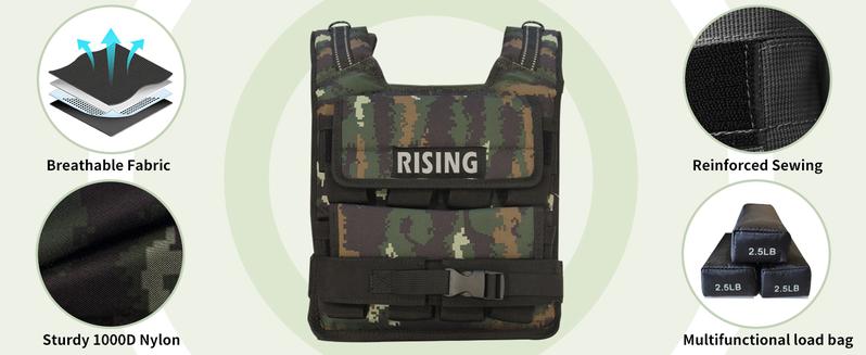 RISING Camouflage Adjustable Weighted Vest 2.5-40LB with Removable Weights for Enhanced Training Versatile Fitness Gear RISING Camouflage Adjustable Weighted Vest 2.5-40LB with Removable Weights for Enhanced Training Versatile Fitness Gear
