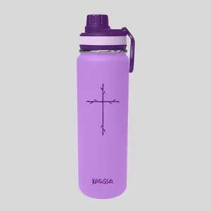 Kerusso 24 oz Stainless Steel Water Bottle, Portable Vacuum Flask with Vine Cross Design and Lid