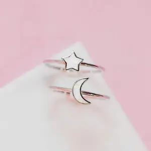 925 Sterling Silver Mismatched Moon and Star Ring Set in White Opal