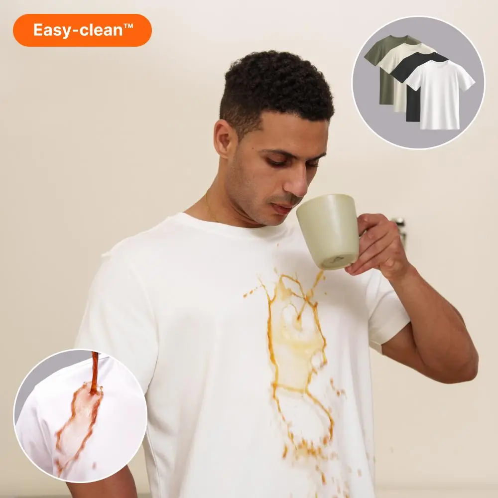 TexTale Stain Resistant T-Shirt -(Relaxed Fit&Signature Fit) Easy Clean&Comfort Repellent Tee for Everyday Use, 40S Double jersey Heavy Weight Cotton Modal (8.8 oz) certified to Oeko-Tex Standard 100, Class II (for direct skin contact)