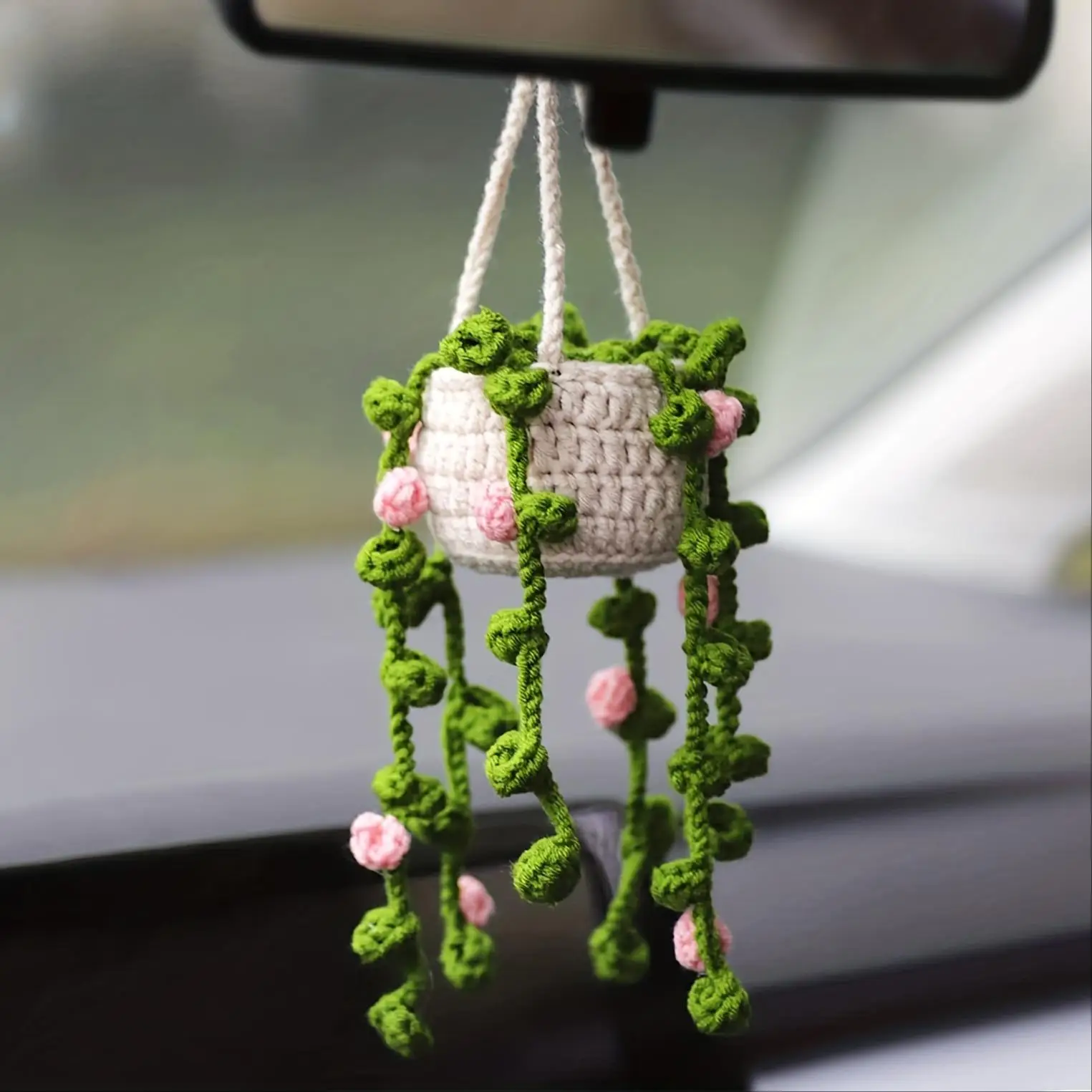 Cute Plant Crochet Ornament, 1 Count Car Rear View Mirror Hanging Ornament, Car Accessories, Wall Hanging Ornament, Creative Handmade Crochet Plant Or