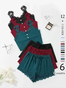 Women's Lace Button Cami Top & Elastic Waist Tie Front Shorts Pyjamas Set, Casual Comfortable Loungewear Set for Women, Summer Outfits