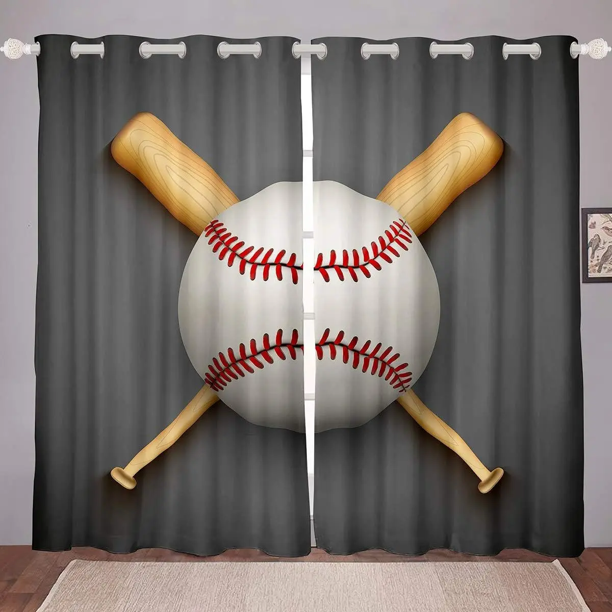 Sports Baseball Printed Blackout Thermal Privacy Grommet Curtain - Home Decoration Curtain for Bedroom, Household Textile, Privacy Grommet Curtains