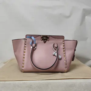 Pre-owned Valentino Rockstud Medium Tote Bag with Studded Details & Turn Lock Closure, Calfskin Leather, Shoulder Bag, Pink, Women's