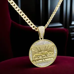 Jesus Last Supper CZ Gold Finished Religious Pendant & 14K Stamped High-End Brass 6mm 20" 24" Cuban Chain Necklace Hip Hop Celebrity Style Daily Wear