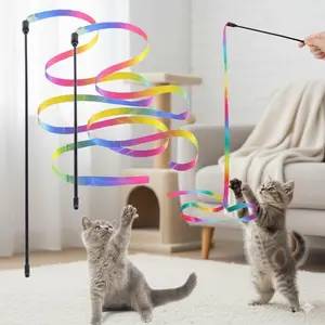 Rainbow Feather Cat Kittens Teaser Wand with Detachable Catnip Box Colorful Ribbon Bell Interactive Training Toy Chew Proof Safe Certified Indoor Outdoor Durable Biting Self Play Pet Entertainment