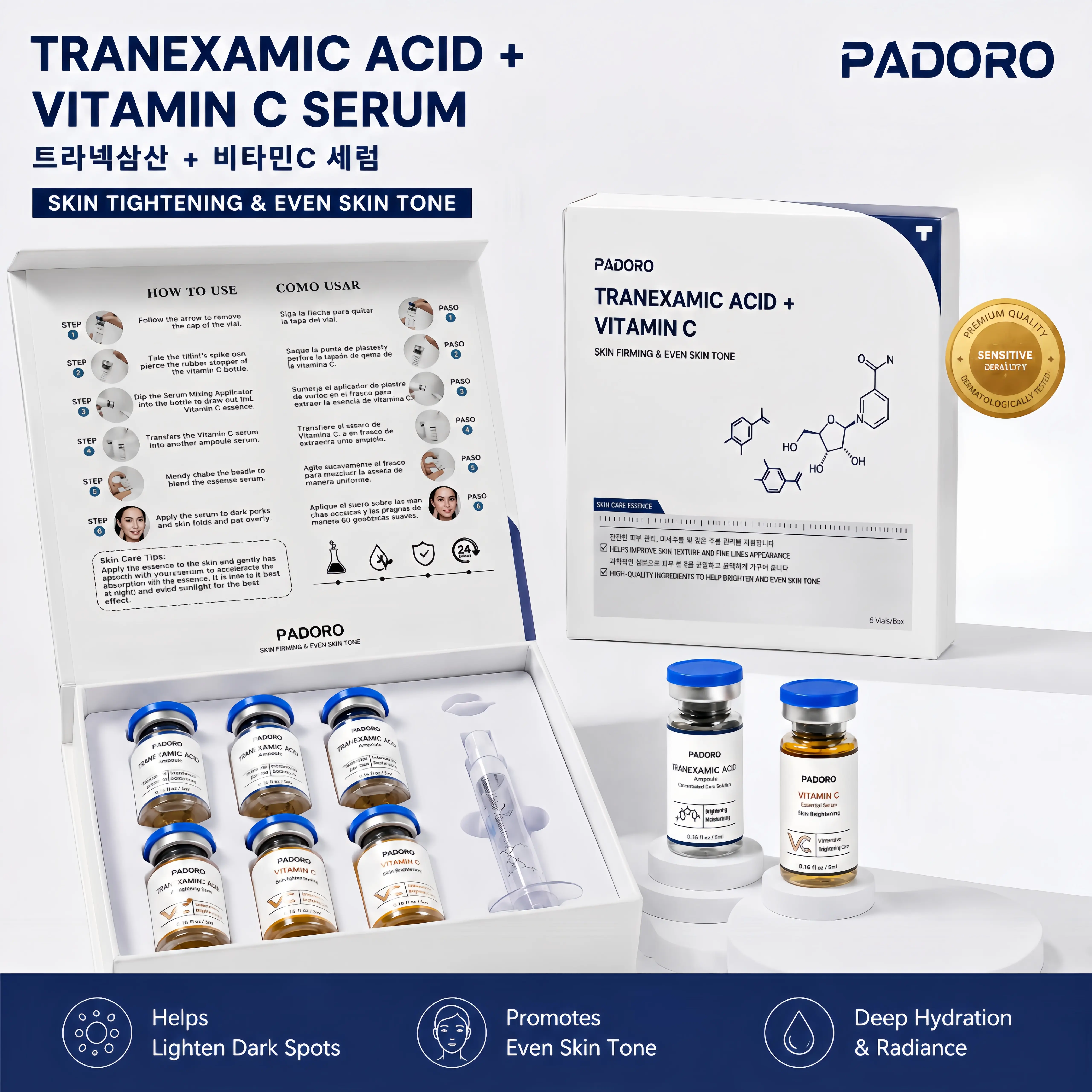 PADORO TRANEXAMIC ACID + VITAMIN C Hybrid Essence Serum, friendly to both dry and oily skin, improves uneven skin tone, helps enhance skin fullness and translucency.