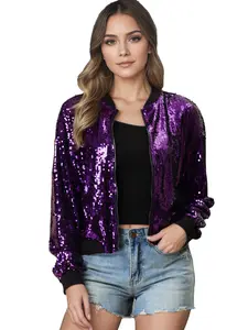INSPIRE CHIC Sequin Jacket Long Sleeve Zipper Shiny Glitter Sparkly Bomber Jackets