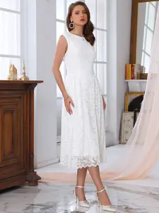 INSPIRE CHIC Women's Wedding Guest Lace Dress Boat Neck Vintage Formal Evening Cocktail Midi Dresses White