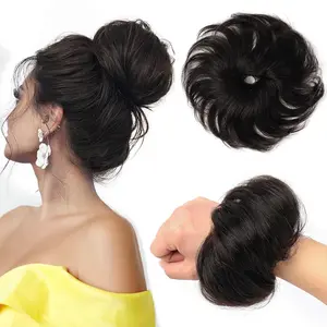 Messy Bun Hair Pieces for Women Synthetic Hairpiece Straight Scrunchies Tousled Updo Donut Chignon Ponytail Extension Dark Brown