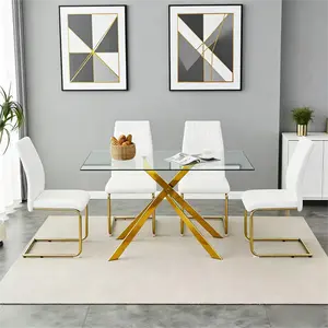 51.18 Inch Rectangular Tempered Glass Dining Table with Gold Metal Legs, Modern Kitchen Table for Dining Room, Clear Glass Top & Gold Frame diamond furniture crushed