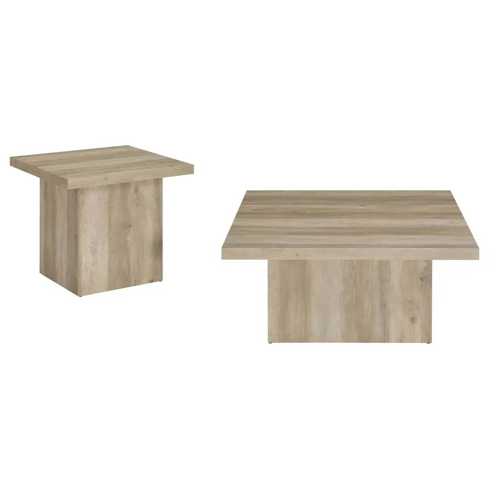 Devar 2-Piece Square Coffee End Table Set, Distressed Pine with Engineered Top, Natural Grain, Plinth Base & Rustic Look