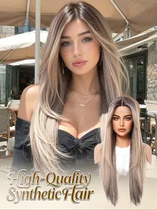 13x6 HD Lace Front Wig 26" Ombre Dark Root Ash Blonde Straight Synthetic Wig Heat Resistant