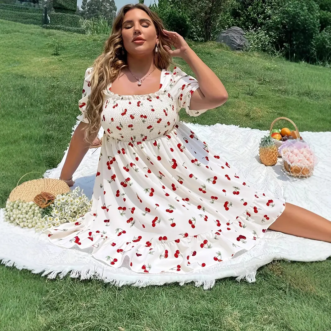 2O25 new pastoral cherry print chic puff sleeves big skirt dress sweet slim fit midi skirt