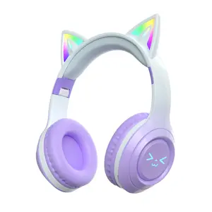 Wireless Bluetooth Cat Ear Headphones with Built in Microphone LED Light Up Foldable Over Ear Headphones for Phone Tablet iPad Laptop Computer Cute Gift for Kids Teens and Adults