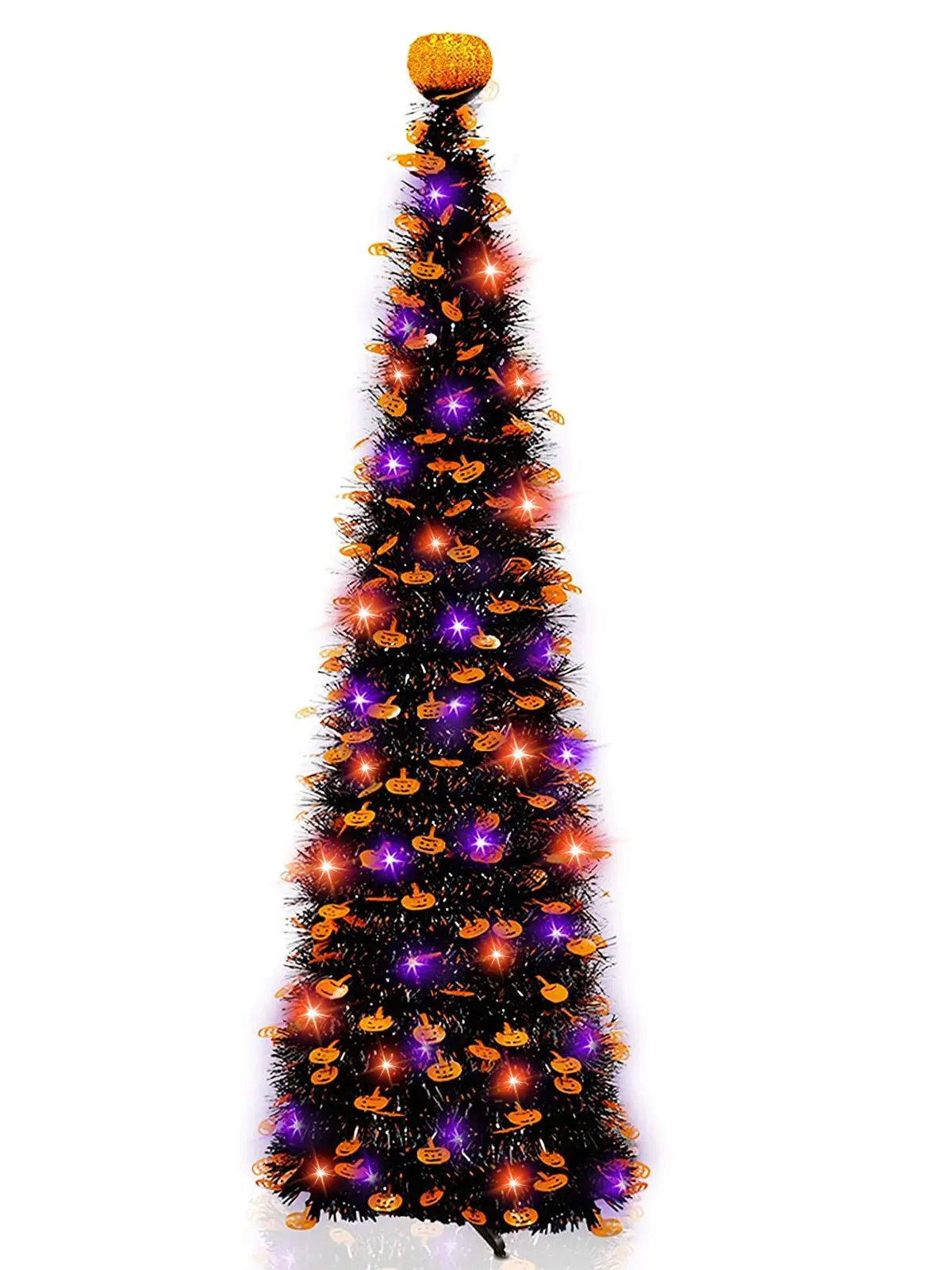Timer & 8 Modes  - 5Ft Black Tinsel Halloween Tree with 50LED Orange Purple Lights, umpkin Ornament Pop Up Artificial Pencil Tree Halloween Decorations Home Party Indoor Outdoor