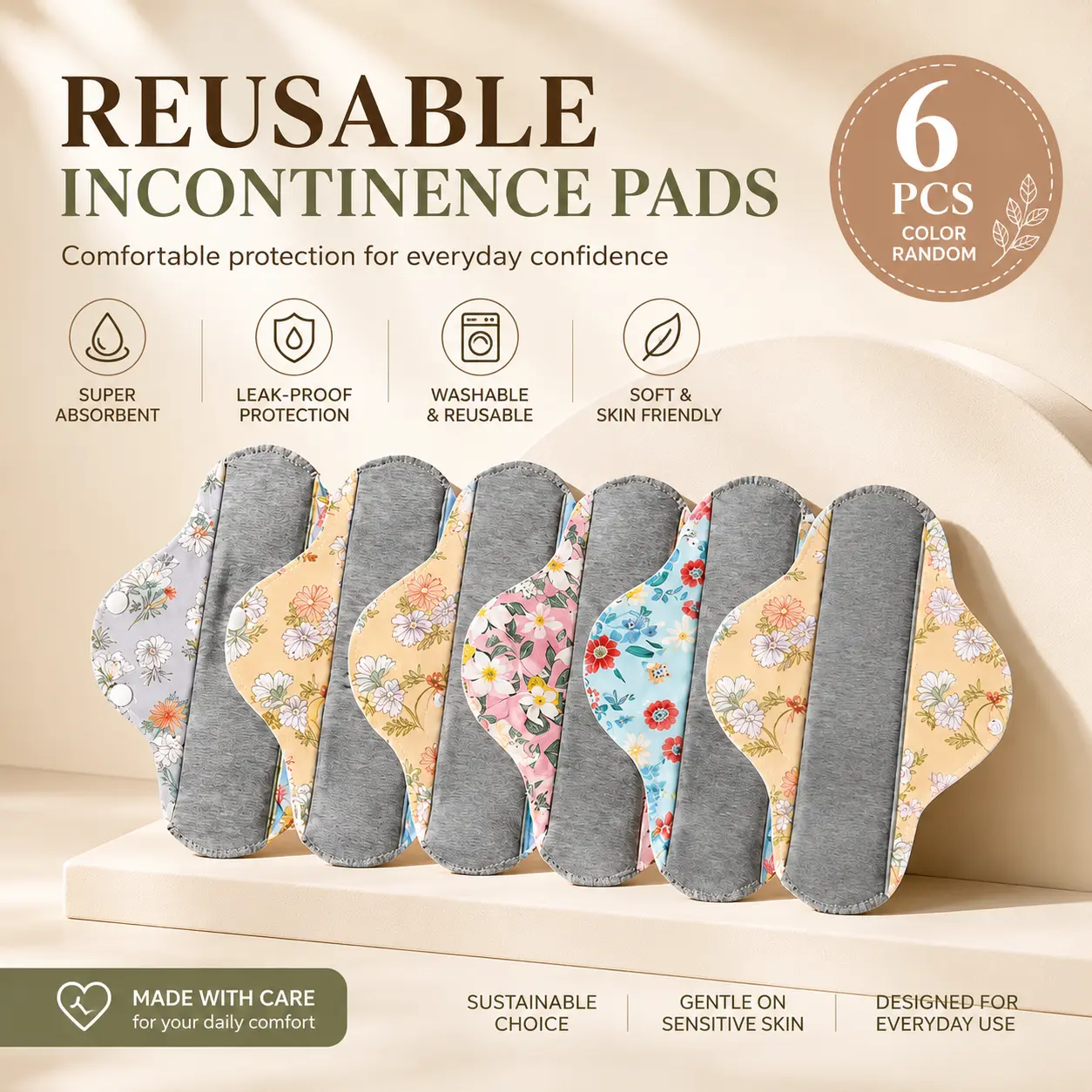 6PCS Reusable Graphene Incontinence Pad – Bladder Leak-Proof, Breathable, Antibacterial, Eco-Friendly Absorbent Pad for Women, Elderly Women, Postpartum Moms (Not Recommended for Menstrual Use)