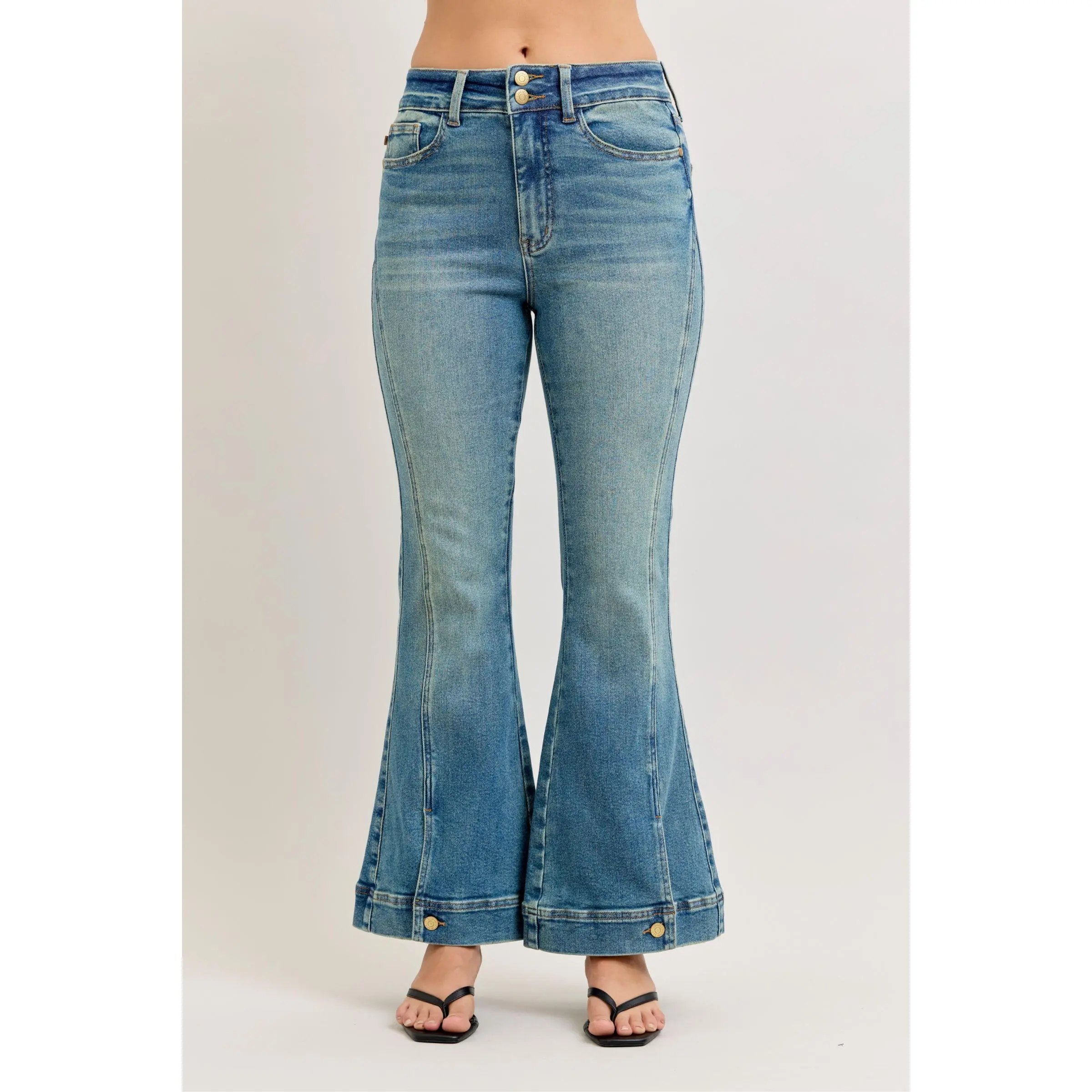 Judy Blue Women's Retro High-Rise Stretchy Flared Leg Jeans - Stretch Denim Bottoms with Front Seam, Split Button Hem, Cotton-Elastane Blend, Flattering Fit, Multi-Size (14W,16W,18W,20W)
