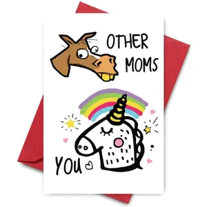 Funny Mother's Day Greeting Card, Cartoon Horse & Unicorn Design Paper Card with Rainbow & Stars Background, Humorous & Heartfelt Message for Mom, Humorous Theme