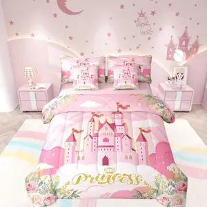 Kids Princess Comforter Set,Bed in a Bag 7 Piece Soft Cute Castle Bedding Set for Girls (1 Comforter,2 Pillowcase,2 Pillow Covers,1 Flat Sheet,1 Fitted Sheet)