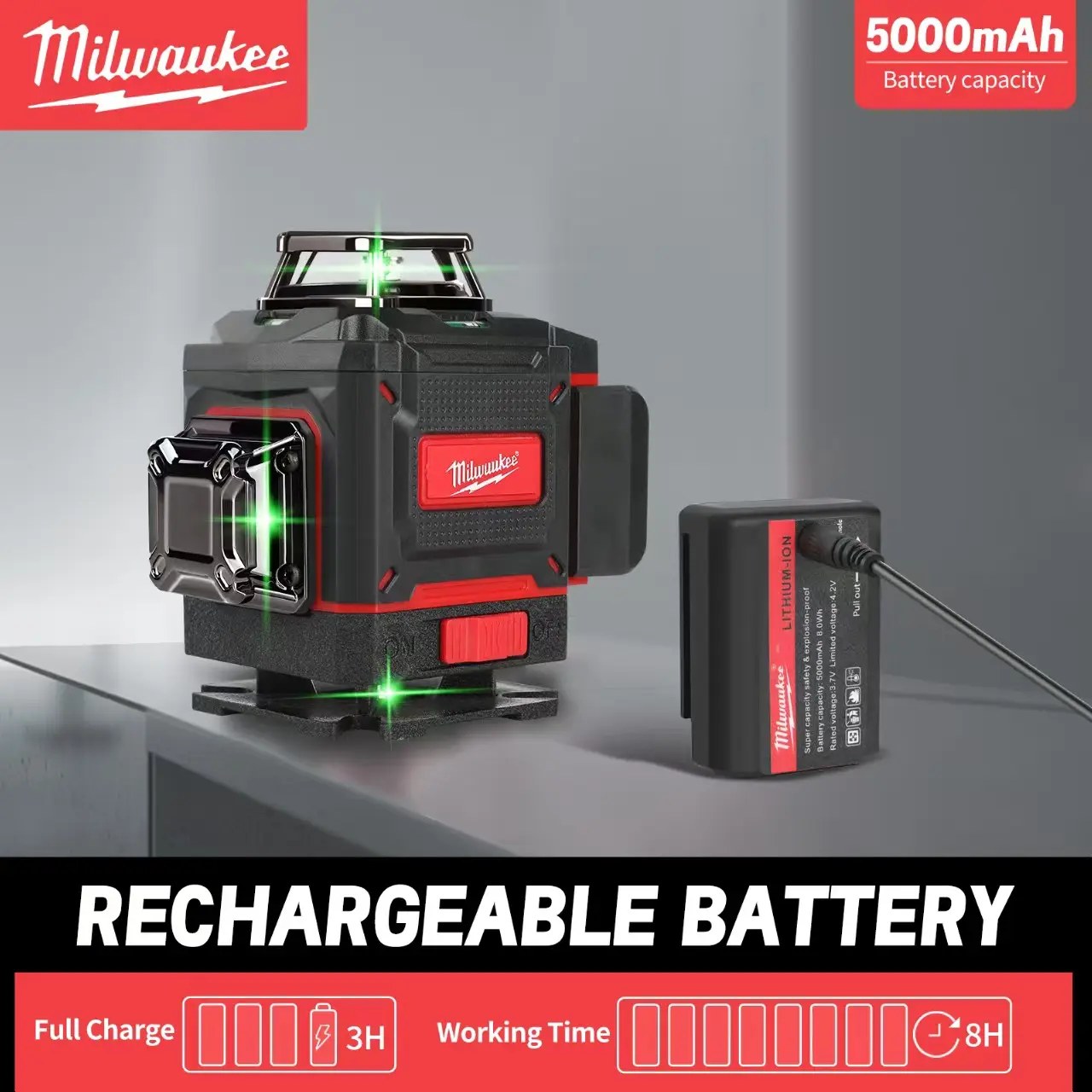 Milwaukee 360-Degree Green Beam Vertical Cross Laser Level - Horizontal & Vertical Alignment Tool with Accurate Measurements, Rechargeable for Construction & DIY Projects, Accurate Horizontal And Vertical Measurements