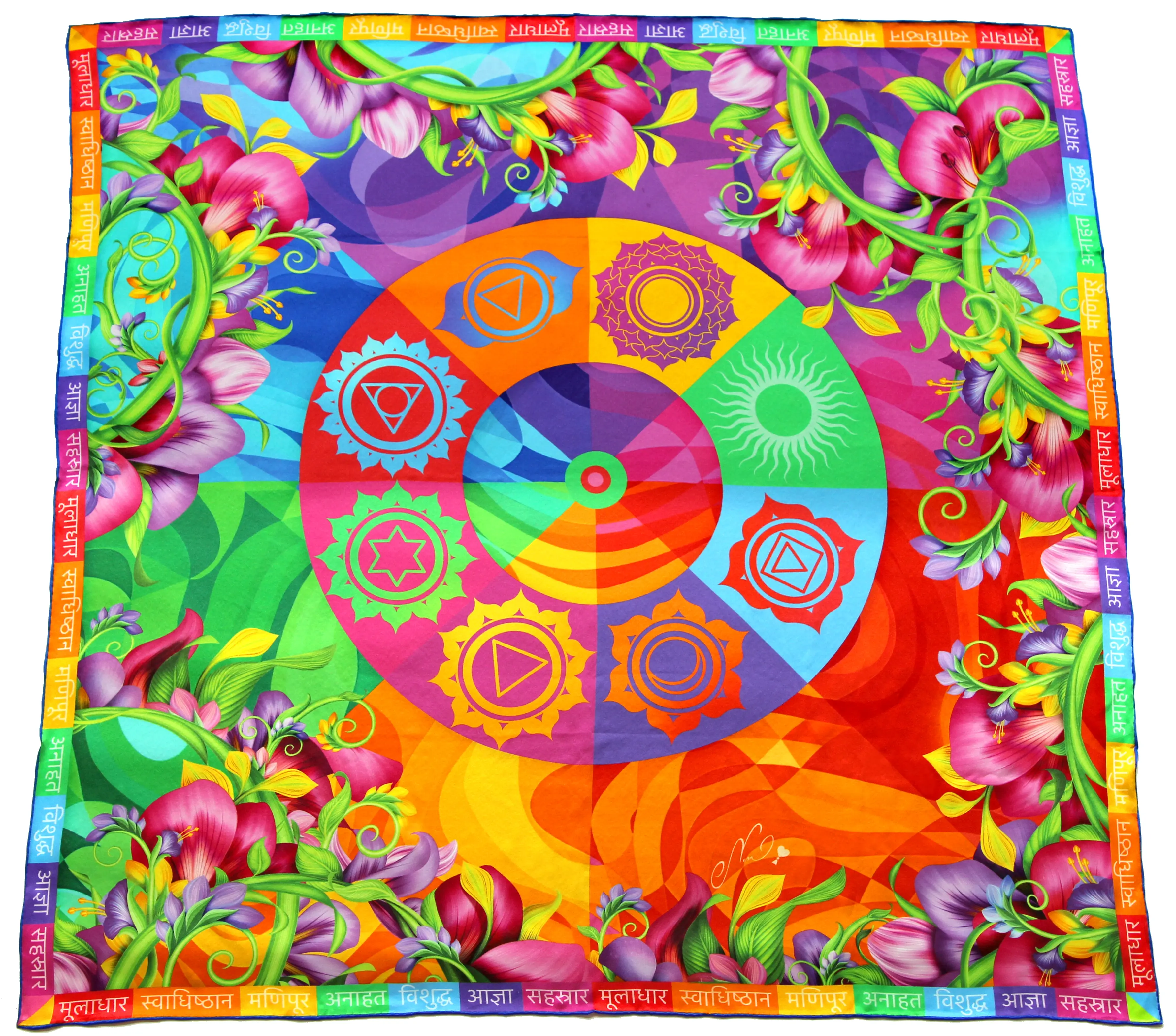 Chakras Silk Scarf - 36x36" Spiritual Scarf with 7 Chakras & Sanskrit - Healing Colors, Sacred Geometry Scarf, Gift for Her