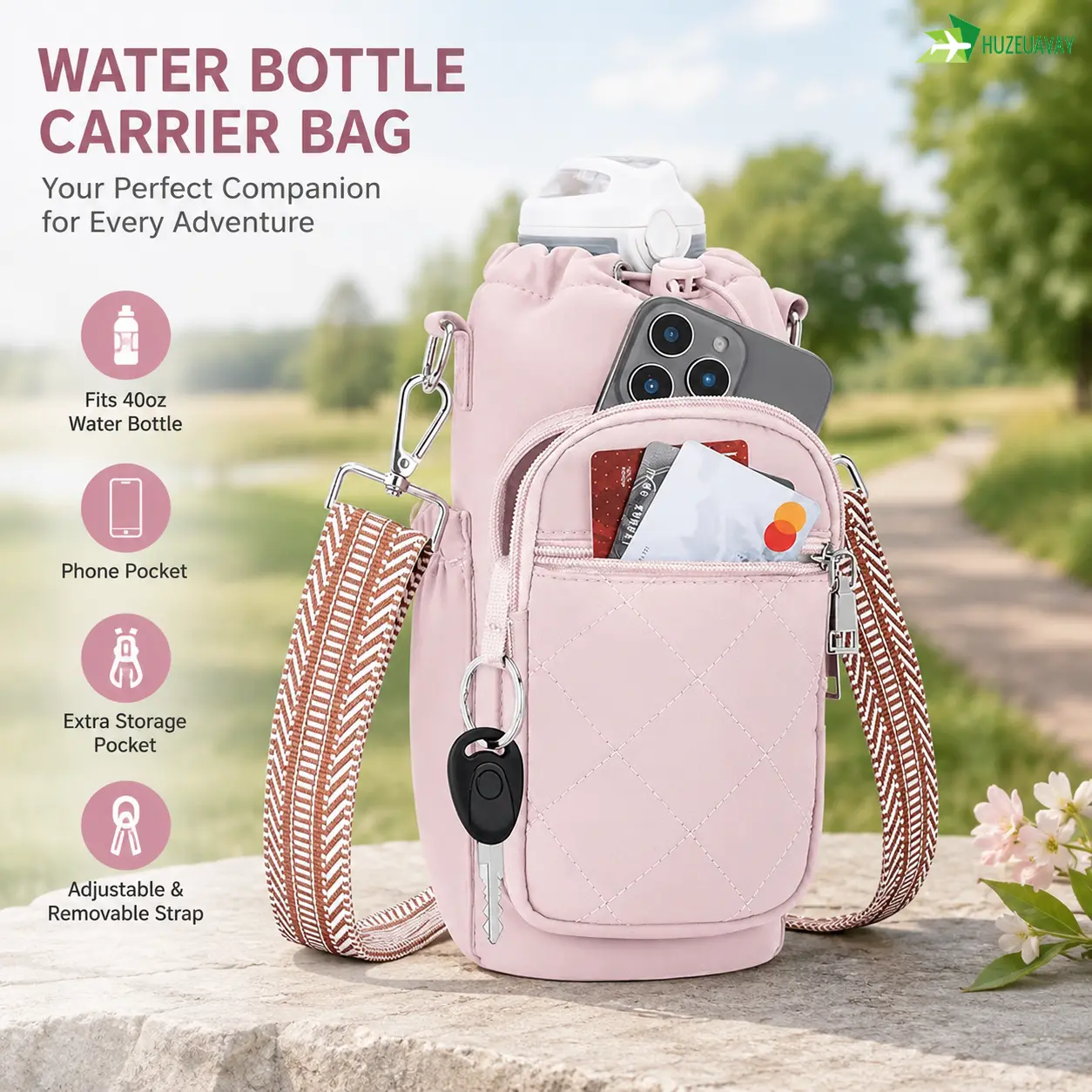Water Bottle Holder Bag - Fabric, Waterproof, Insulated, Lightweight, Elastic, with Strap & Phone Pocket, 40oz Tumbler & Cup Carrier for Walking, Hiking