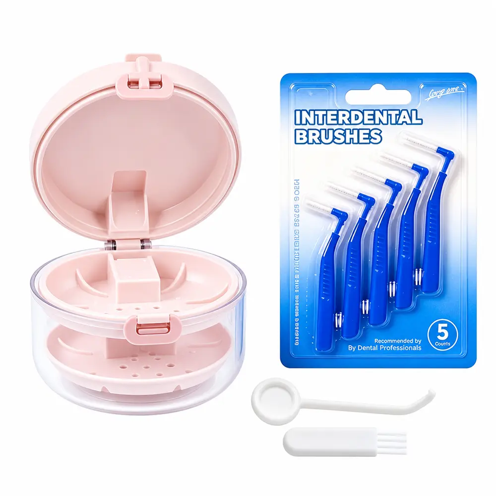 1Set Retainer Case & Interdental Brush Kit for Women Teen Girls, 3-in-1 Denture Bath Box with Leak Proof Denture Bath Case with Mirror Cleaning Brush and Removal Tool for Orthodontic and Denture Users