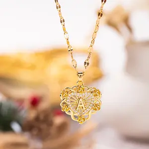 Stylish and simple hollow love flower 26 English letters diamond pendant necklace, suitable for women, elegant, customized with initials heart necklace rings men high quality rave thrifted casual gift practical christmas party wedding zirconia,With a box