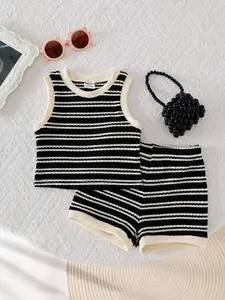 Baby girl's Striped Breathable Knit Vest Shorts Set, Casual Fitted Suit, Sweet Fashion, Perfect for Vacation and Daily Wear