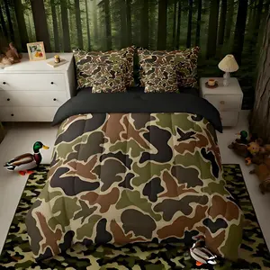 Feelyou Duck Hunter 7-Piece Green Camouflage Pattern Microfiber Bedding Set - All-Season Use Bed Comforter Set, Black Brown Bed-in-a-Bag with Comforter, Sheets, Pillowcases for Hunting Enthusiasts