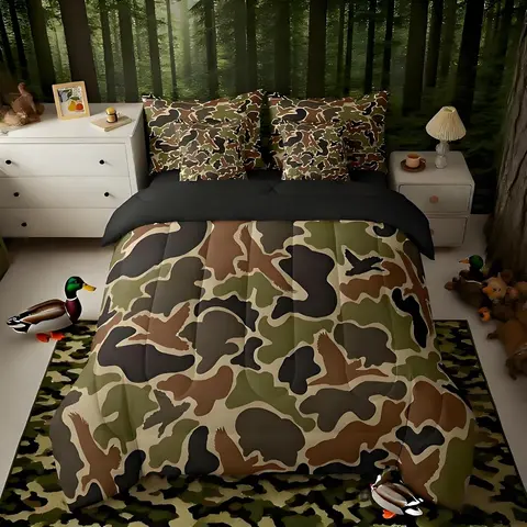 Feelyou 7-Piece Microfiber Queen Bed Set - All-Seasons Breathable Durable Modern Comforter, Dark Camo Print Camouflage Duvet, Fitted Sheet, Black Brown Pillowcases for Hunting Enthusiasts, Decorated Bedding Sets Collections (Multi-Size Available)