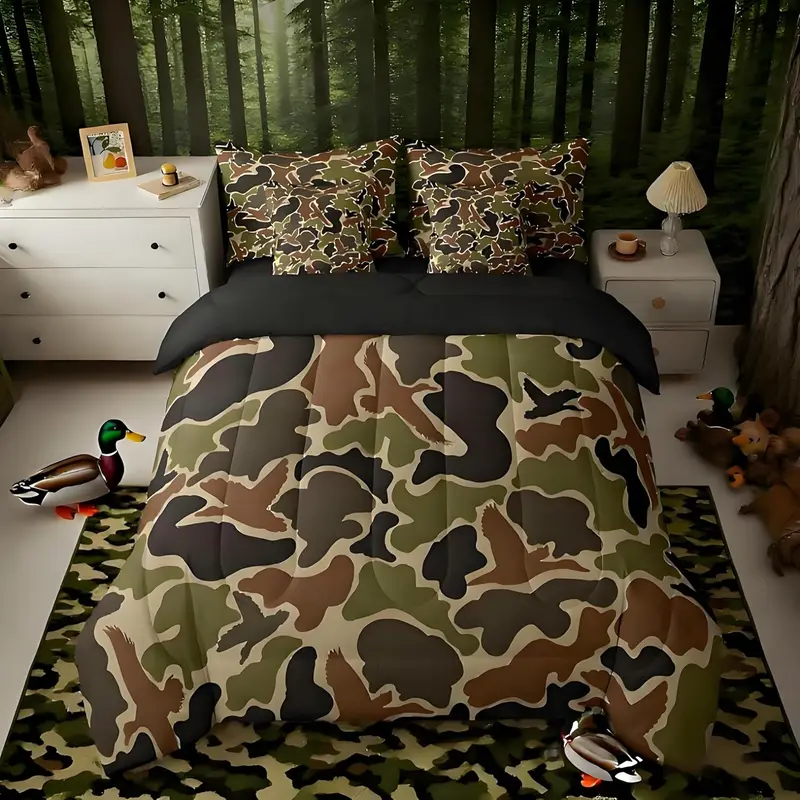 Feelyou 7-Piece Microfiber Queen Bed Set - All-Seasons Breathable Durable Modern Comforter, Dark Camo Print Camouflage Duvet, Fitted Sheet, Black Brown Pillowcases for Hunting Enthusiasts, Decorated Bedding Sets Collections (Multi-Size Available)