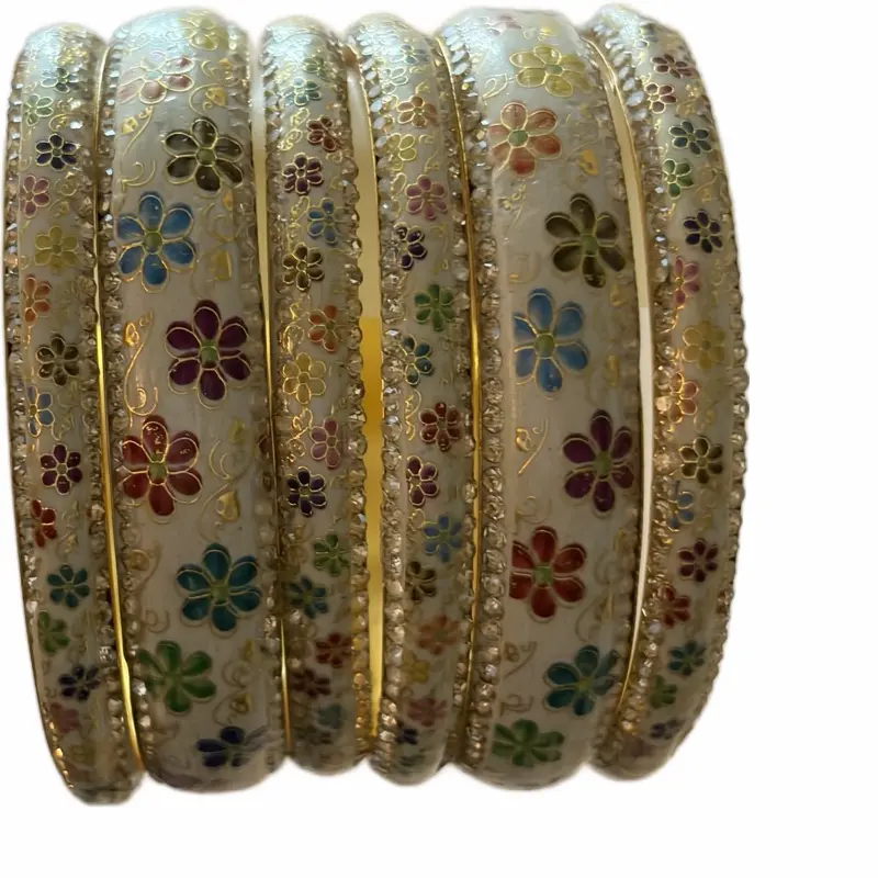fashion jewelry gift idea Printed Meenakari Bangles 6-Piece Set | 2 Kadas & 4 Bangles | Rajasthani Lac & Metal Stackable Bangles for Women | Sizes 2.4, 2.6, 2.8 trendy accessory birthday day present