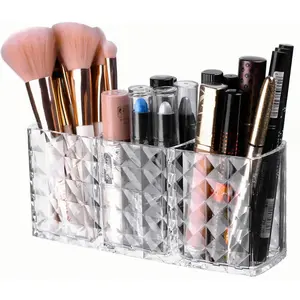 3 Compartment Acrylic Cosmetic Brushes Storage,Makeup Brush Holder Organizer,Perfect Bathroom Vanity Storage Solution for Makeup Brushes,Eyebrow Pencils,Lipsticks,Nail Polishes, and More