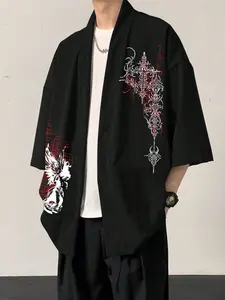 Gothic Cross & Angel Print Oversized Kimono Cardigan – Dark Grunge Open Front Haori Jacket for Streetwear & Night Out Casual Wear